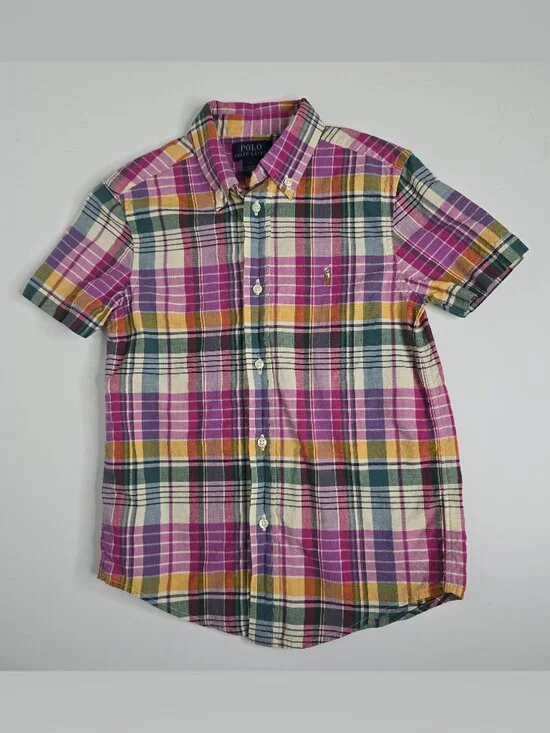 Polo Ralph‎ Lauren Plaid Shirt Boys 7 Pony Button Down Short Sleeve Pink Preppy