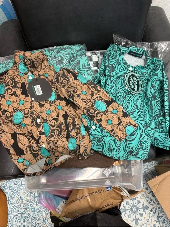 Tropical Print Button-Down Shirt in Teal & Brown - Unbranded