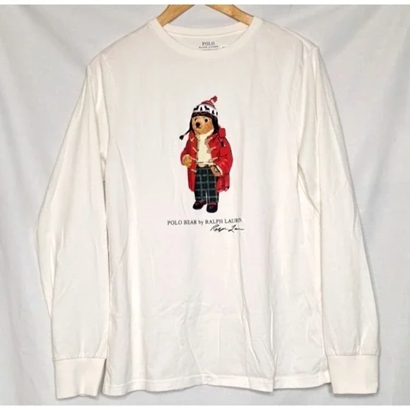 Polo Ralph Lauren Boys XL Graphic Polo Ski Bear Long Sleeve T-Shirt‎ White 18 20