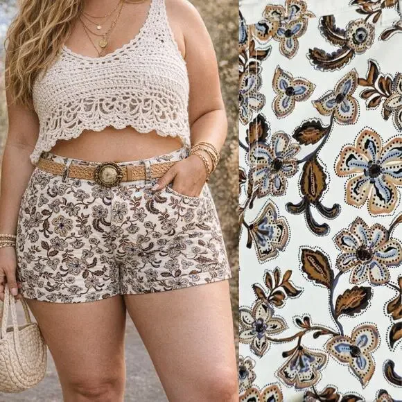 a.n.a Mid Rise Shortie Shorts Plus 18 White Brown Floral 3.5” Inseam Boho Earthy