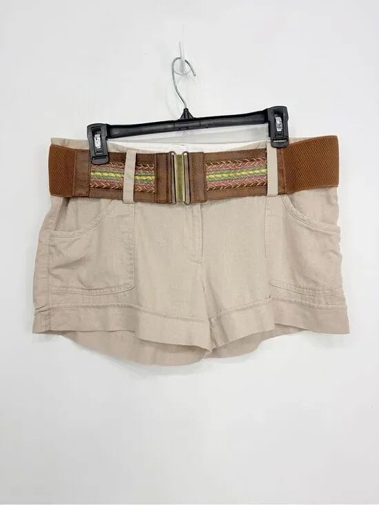 Maurices Tan Linen Blend Boho Weave Stretch Belt Shortie Shorts