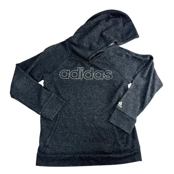 Adidas Hoodie Girls Pullover Sweatshirt M 10/12 Black Sparkle Logo Athleisure