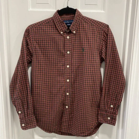Ralph Lauren Boys Long Sleeve Button Down Red‎ Plaid Youth Medium 12/14