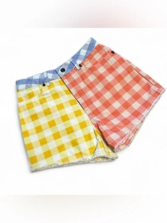 NWT FARM Rio Pastel Gingham Colorblock Denim Shorts - Yellow, Coral & Light Blue