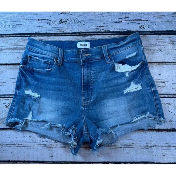 Pistola Shorts 31 Distressed Blue Cut Off Relaxed High Rise Womens‎
