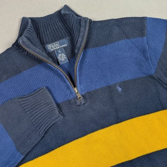 Vintage Polo‎ Ralph Lauren 1/4 Zip Sweater Boys XL Blue Yellow Striped Pony Y2K
