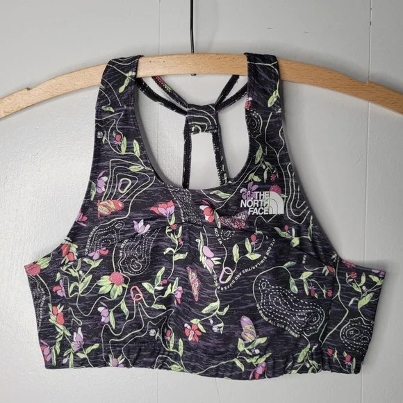 North Face Girls Never‎ Stop Bralette XL 14/16 Black Floral Athletic Performance