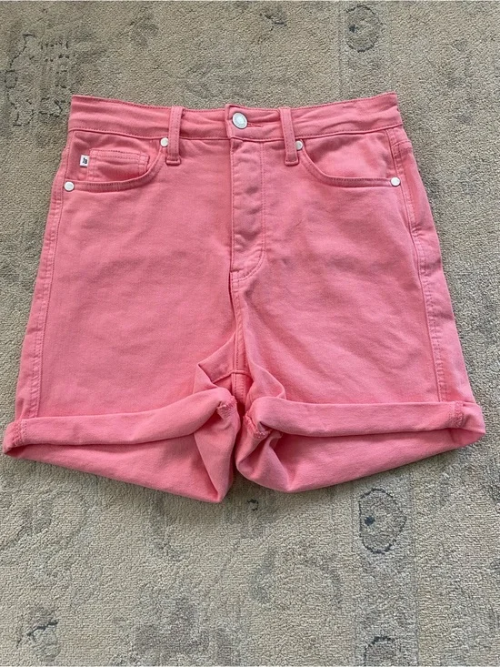 Judy Blue Tummy Control High Waist Cuffed Shorts Medium Bright Pink White