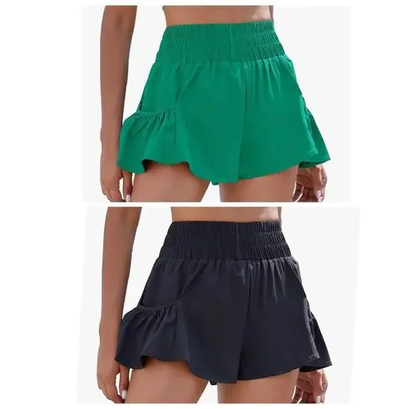 Smocked High-Waist Flowy Shorts Green & Black 2 Pairs New Size XS