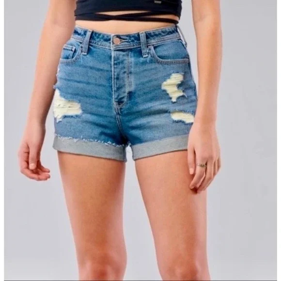 Hollister High-Rise Mom Denim Shorts Distressed Cuffed Hem‎ Vintage Stretch Sz 1