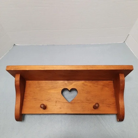 Vintage Wooden Wall Shelf Heart Cutout 2 Pegs Cottagecore Country Farmhouse 18
