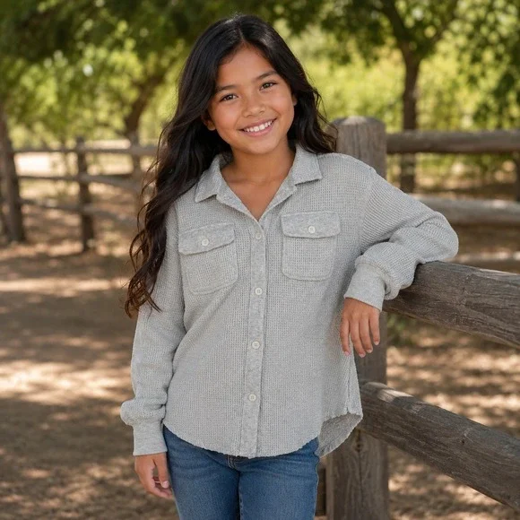 Limited Too Girls Gray Waffle Knit‎ Shacket Button Down Shirt Jacket L 12 14
