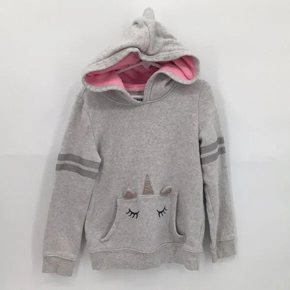 Oshkosh Girls' Gray Hooded Sweatshirt with Pink Lining and Unicorn Pocket 7