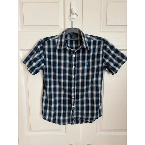 US Polo Assn Boy Navy Blue White Plaid Short Sleeve Button Down Shirt Size 10/12