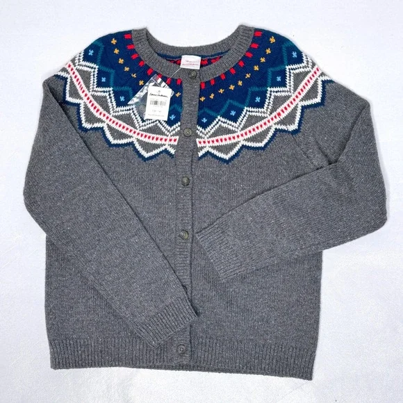 HANNA ANDERSSON NEW Fair Isle Cardigan Sweater Girls 10 Gray Blue Preppy Winter