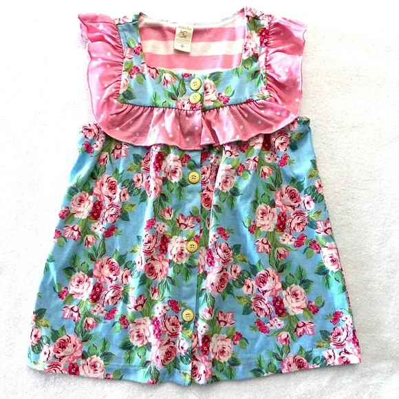 Matilda Jane Girls 6 Floral Tunic Top Ruffle Blue Pink Rose Flame Reaiatant