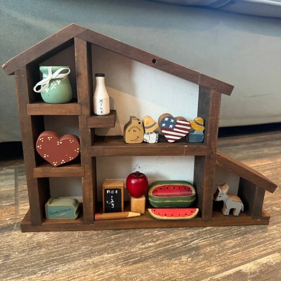 Americana Primitive Wood Shadow Box‎ Shelf Miniatures Folk Art Farmhouse Trinket