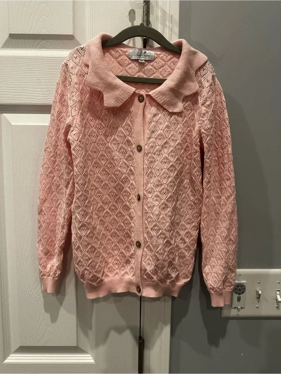 Pink Pointelle Knit Button-Front Sweater with Scalloped Peter Pan Collar