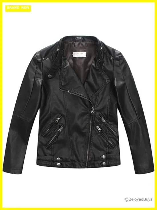 Boys Faux Leather Moto Jacket Kids Zip Front Spring Fall Coat Outerwear