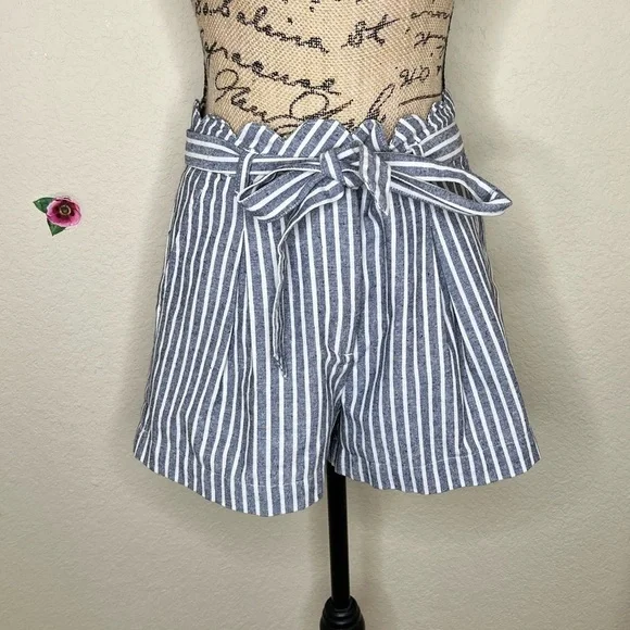 High-Waist Navy & White Striped Paperbag Shorts with Tie Waist