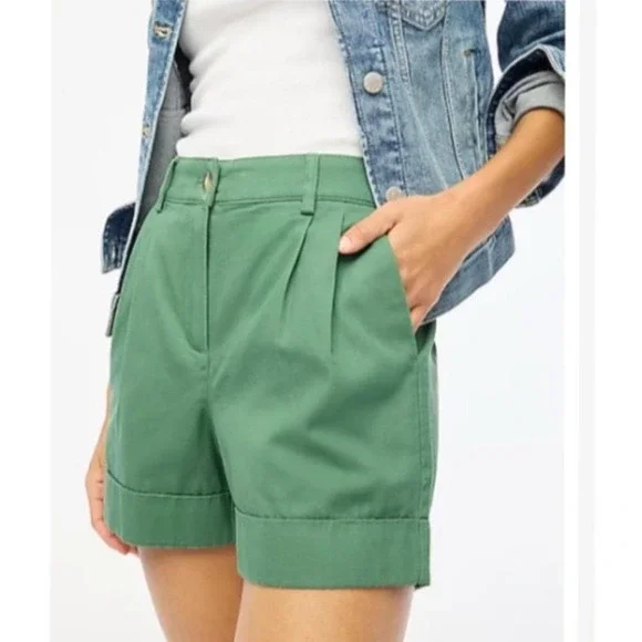 Womens  NWT J.Crew Factory Pleated Green‎ Casual Cotton Chino Shorts