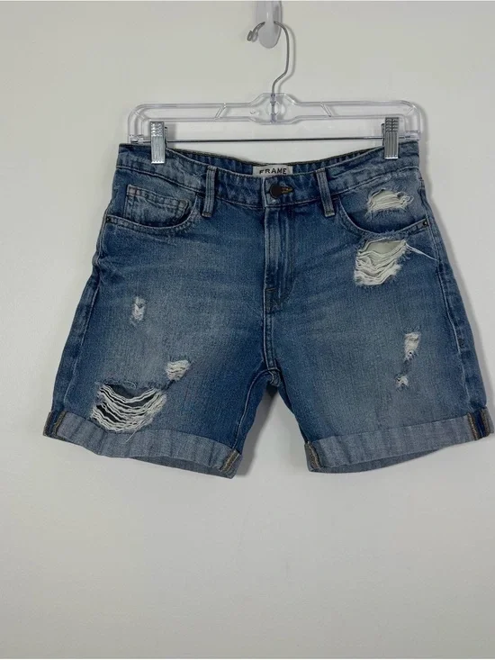 Frame Women’s Denim Le Grand Garçon Distressed  Cuffed Jean Shorts Size 26 Blue