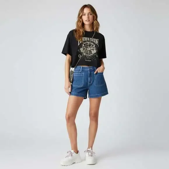 Madewell High-Rise Sailor Short Women 25 XS Blue Denim Patch Pocket Cuffed