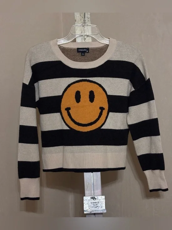 Originality Big Girls Striped Smiley Face Knit Crewneck Sweater Size XL