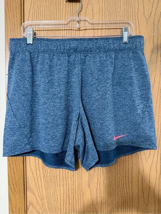 Nike Women's Heather Blue Athletic Shorts with Pink Swoosh