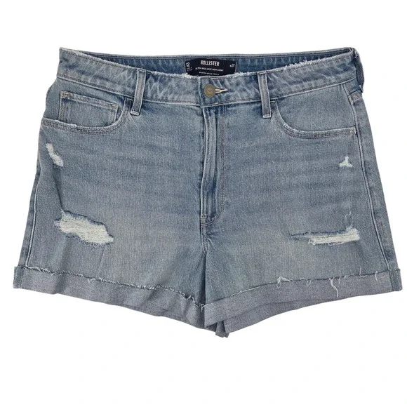 Hollister Ultra High-Rise Mom Short 31 Light Blue Distressed Denim Summer Casual