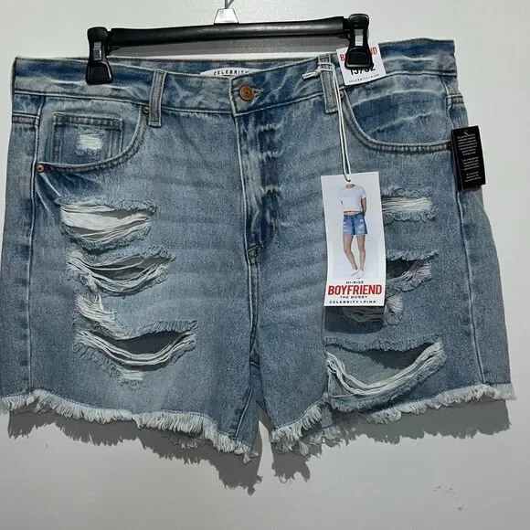 Celebrity Pink Women's Blue Ripped Hi-Rise Bobby Boyfriend Shorts Size 15/32 NWT