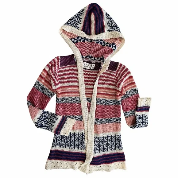 Y2K Pink Republic Toddler Girl Mixed Media Boho Cardigan Hooded Open Front