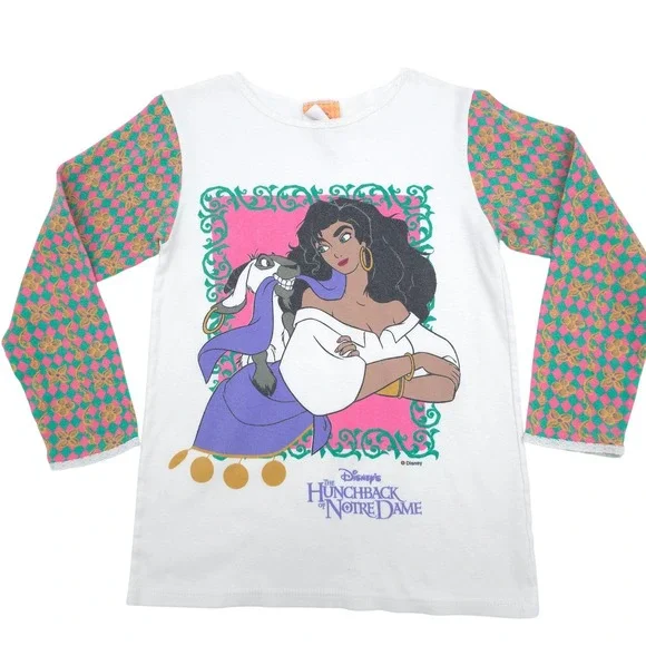 Disney Hunchback of Notre Dame Esmeralda Raglan Shirt Kids White Vintage 10-12