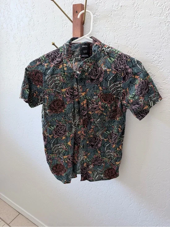 RVCA Kids Short-Sleeve Floral Button-Up Shirt in Multi Green