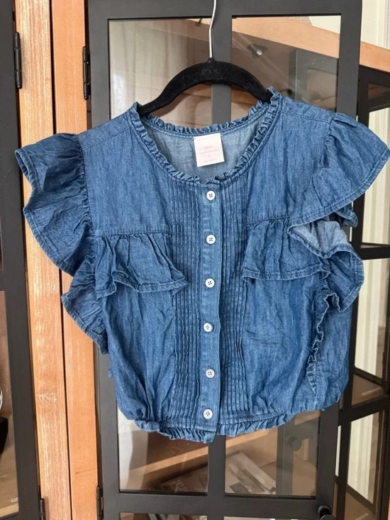 Gap × LoveShackFancy girls Denim Ruffle Button Front Top cropped shirt