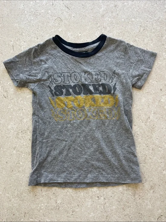 Gray 'Stoked' Graphic Ringer Tee with Navy Trim
