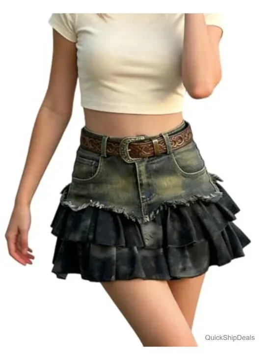 Y2K High Waist Distressed Denim Skort with Tiered Ruffle Hem
