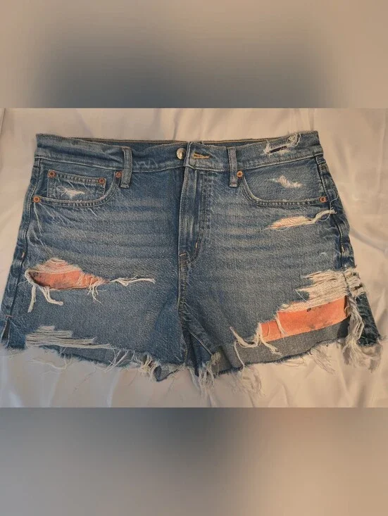 American Eagle Outfitters Distressed Blue Denim Jean Shorts with Orange Underlay