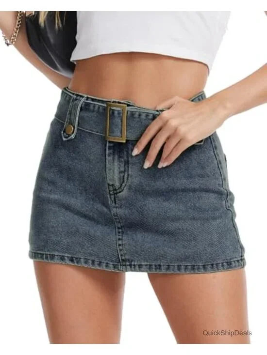 Y2K Low Waisted Mini Denim Skirt with Built-in Shorts and Belt