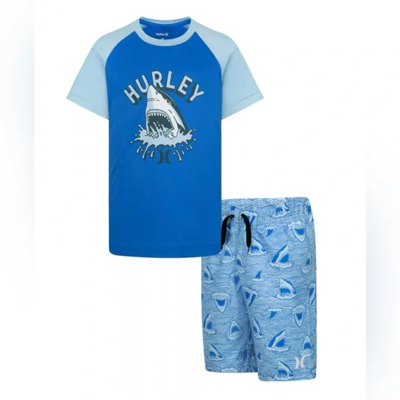 NEW M(10/12) Youth Hurley Shark H2O-Dri UPF Rashguard & Drawstring Swim Trunks