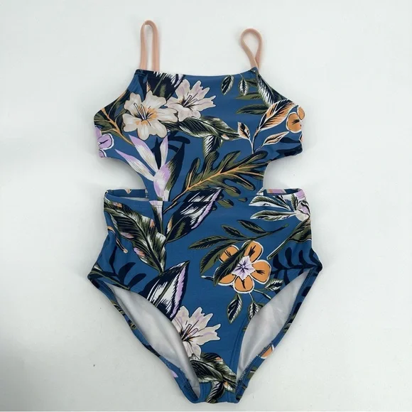 Osh Kosh Swimsuit Girls 7 Blue Floral One Piece Cutouts Beachy Tropical READ