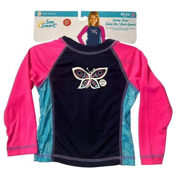 Sun Smart Swim‎ Tee Rash Guard UPF 50+ Protective Sleeves Pink Blue 18-24 Months