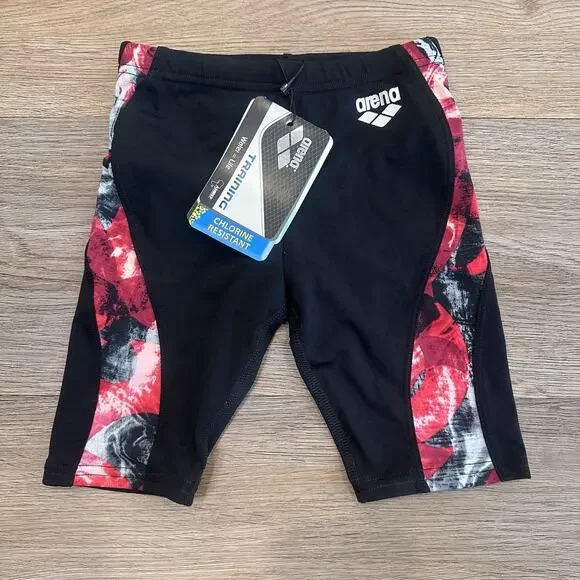 Arena NWT Boys Stormy Swim Jammer Youth 22 Black Red Training Swimsuit Shorts