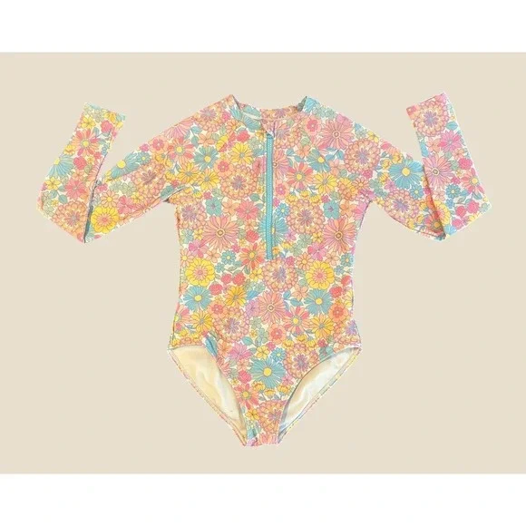 Wonder Nation Girls Retro Floral Long Sleeve Rash Guard Swimsuit L 10-12 1611