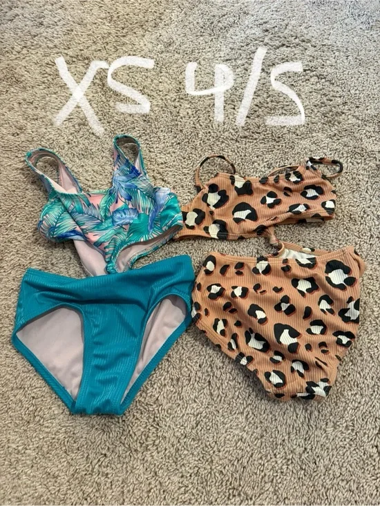 Kids 2-Pack Swim Set - Teal Floral & Tan Leopard