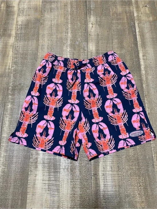 Youth Vineyard Vines Navy Lobster Print Swim Trunks - Nantucket Red Detail
