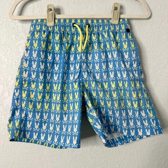Psycho Bunny Kids Barker‎ Swim Trunks Blue Yellow Bunny Skull Print Size 14-16