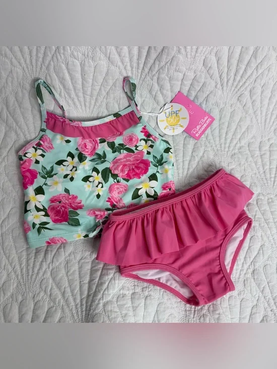 NWT RuffleButts Rosy Sweetheart Ruffle Tie Tankini Swimsuit - Size 5