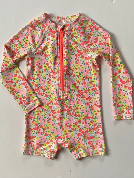 Rashguard Swimsuit 3T Old Navy One Piece Floral Long Sleeve Girls EUC Orange EUC