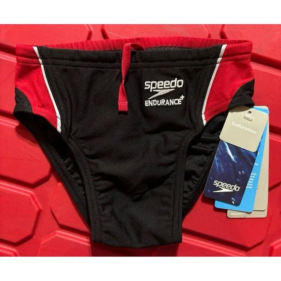 NEW Speedo Boy's Endurance+ Splice Black/Red Competition Swim Briefs, Size 22